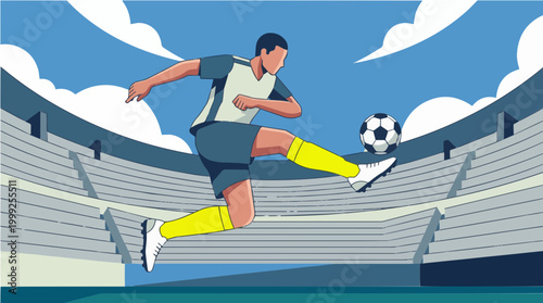 Vector professional soccer player jumping to volley ball in empty stadium arena under blue sky