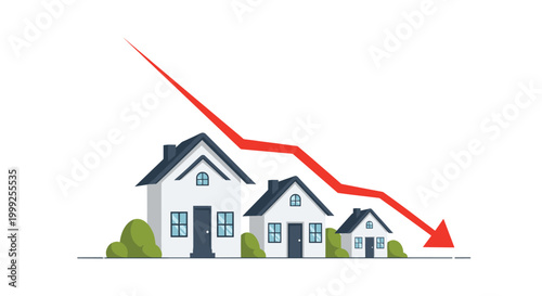 Three white houses of decreasing size shown next to a sharp red arrow pointing downwards to symbolize a falling real estate market trend.