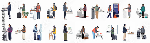 Large collection of people working remotely on laptops while traveling, featuring various airport and transit scenes with a modern flat vector illustration style.