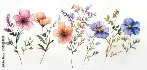 delicate watercolor wildflowers in pastel pink, peach, purple and blue with slender stems and soft greenery evoking calm and whimsy