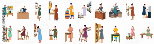 Set of Flat Illustrations Depicting Women Working and Shopping in a Zero-Waste Bulk Store with Sustainable Packaging and Eco-Friendly Practices