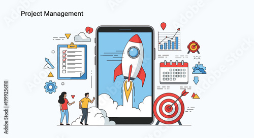 Project management concept with a rocket launching from a smartphone screen surrounded by a calendar and tasks.