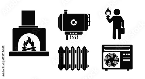 Domestic heating and cooling system icons including fireplace boiler radiator and air conditioning units.