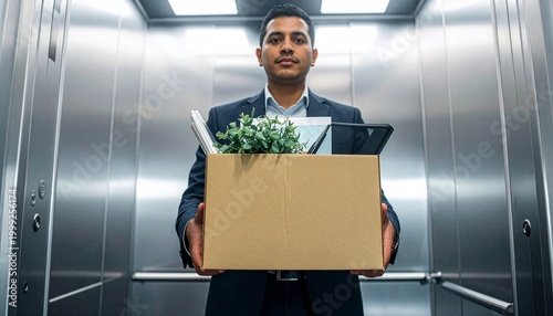 A somber man stands inside a reflective elevator, holding a cardboard box filled with office items, symbolizing loss of job or resignation. 