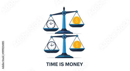 Time is money business concept with two scales balancing a clock and a gold dollar coin on a white background.