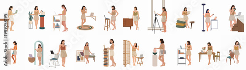 Flat vector illustration set of a young woman working from home in various creative and modern lifestyle scenarios with digital devices.