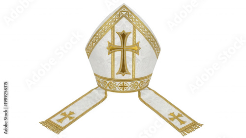White bishop's mitre with gold cross and ornate trim isolated on a transparent background