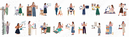 Flat vector illustrations of a female educator teaching phonics online, featuring various scenes with digital equipment, educational tools, and home office setups.