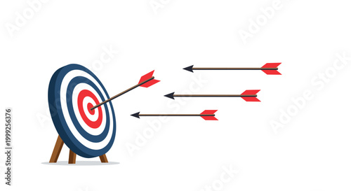 Success and precision archery target with an arrow hitting the center bullseye and others flying toward it.