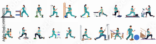 Collection of flat vector illustrations of male and female physical therapists performing exercises and using medical equipment in a clinical setting.