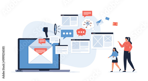 Email marketing and digital communication concept shows laptop with flying envelopes and website windows near walking people.