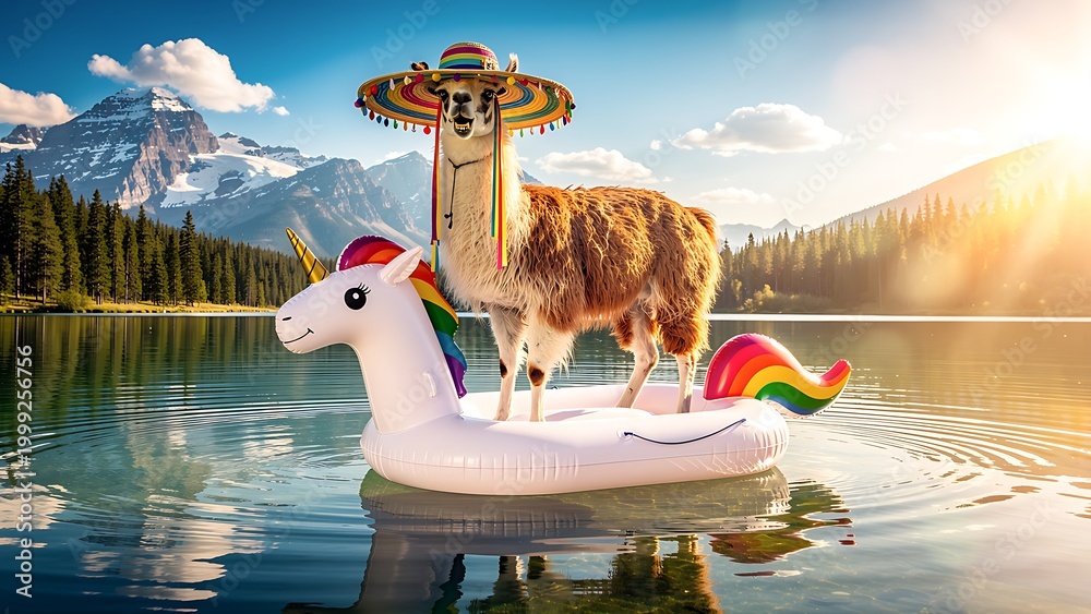 Fototapeta premium Llama wearing colorful sombrero standing on giant inflatable unicorn pool float in calm mountain lake. Summer vacation concept with funny animal travel. Joyful holiday leisure activity.