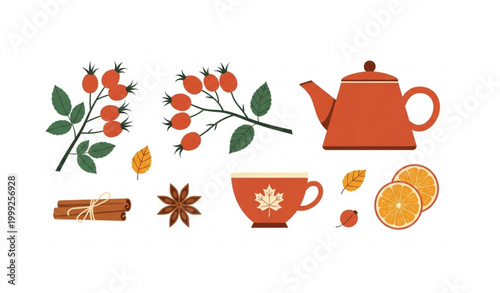 Autumn tea herbs and spices vector set with flat teapot teacup rosehips cinnamon and star anise elements on white background