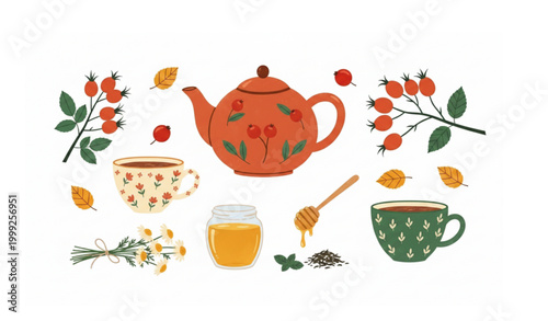 Playful vector set of autumn herbal tea elements featuring hand drawn teapot teacups chamomile berries and honey on white