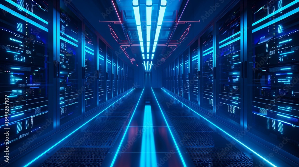 Fototapeta premium Server room with glowing blue airflow lines moving between racks, cooling efficiency concept, dark tech background.