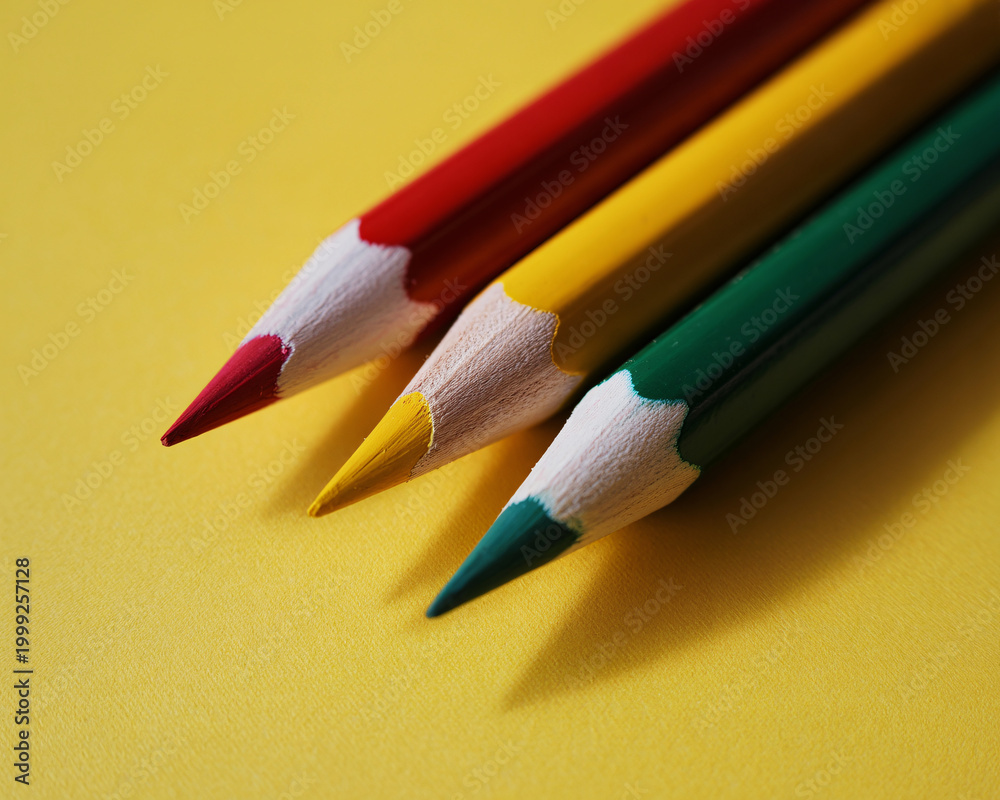 Fototapeta premium Four colored pencils on yellow background with white tips