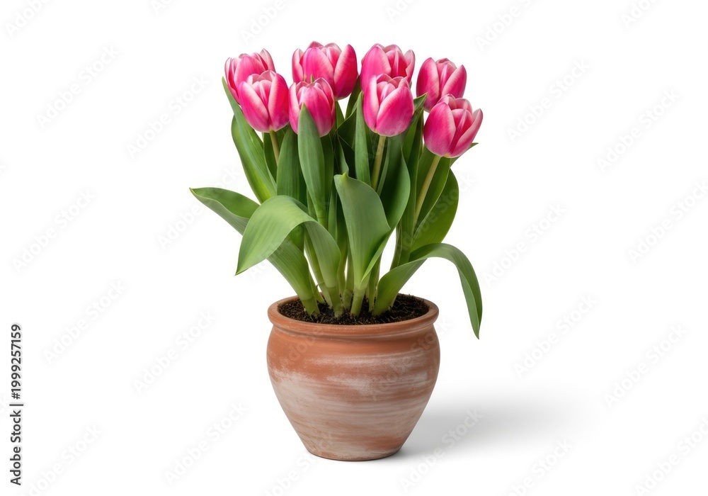 Obraz premium Vibrant tulips in a clay pot, creating a delightful floral arrangement