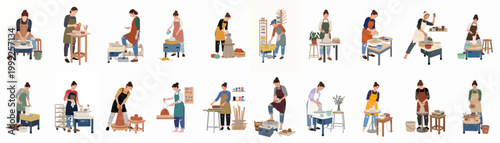 Large collection of diverse female potters and ceramic artists creating handmade pottery in various studio settings using pottery wheels and artisanal tools.