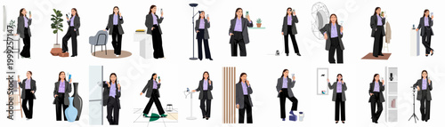 Set of flat illustrations featuring a professional businesswoman in diverse poses, using technology, recording content, and engaging in daily routines.