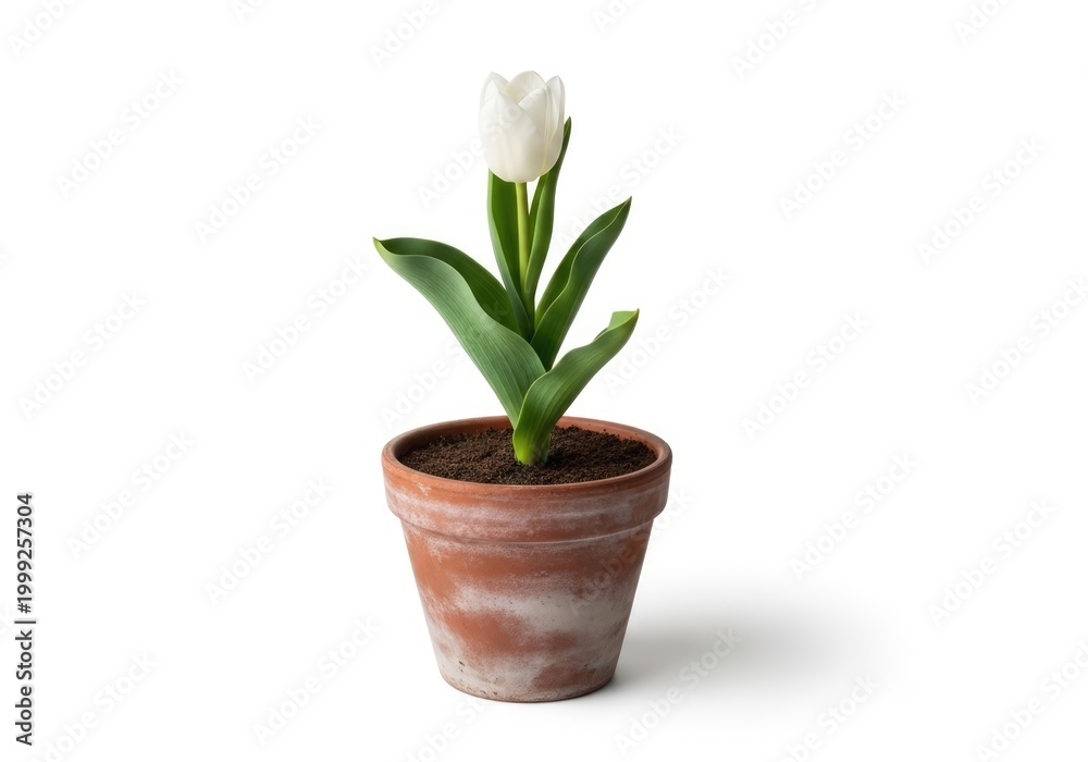 Fototapeta premium A single white tulip in a brown pot