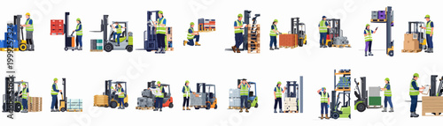 Comprehensive set of warehouse operations illustrations featuring workers with forklifts, pallets, and inventory management tasks in a modern logistics hub.