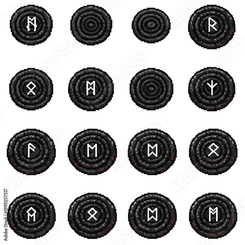 Quadro su tela This vector illustration features a 4x4 grid of dark, textured stone circles adorned with various ancient white runic symbols and signs