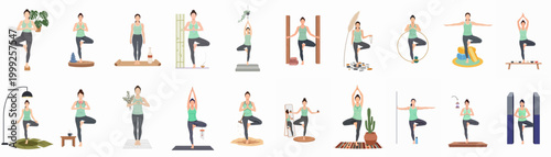Set of twenty vector illustrations featuring a woman practicing yoga tree pose in diverse interior and zen-inspired settings with various props.