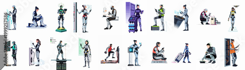 Collection of diverse futuristic cyborg characters and robots performing various technical, scientific, and engineering tasks, illustrated in a clean modern flat style.