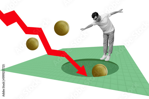 Canvas-taulu Creative picture image collage young balancing man checkered background dynamic