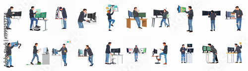 Flat vector illustration set of a male software developer in various work poses, including coding, debugging, hardware setup, and celebrating project success.