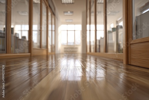 Polished wooden hallway with glass doors and natural light