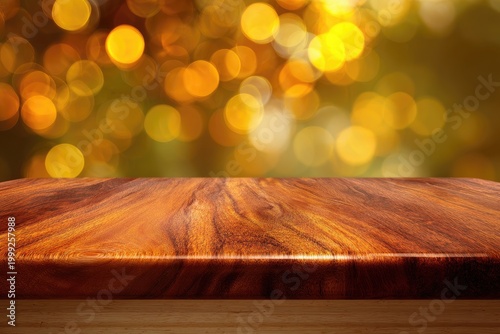 Empty polished wood surface with blurred warm golden bokeh background for display