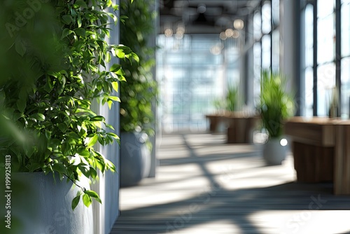 Lush green plants line a sunlit modern office corridor with blurred tables