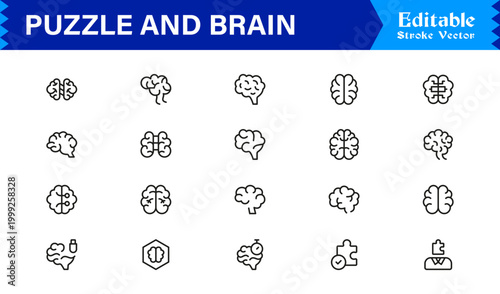 Puzzle And Brain Concept Line Icon Set – Professional, Minimal, Editable Vector Collection for Smart, Logical, and Creative Thinking Designs