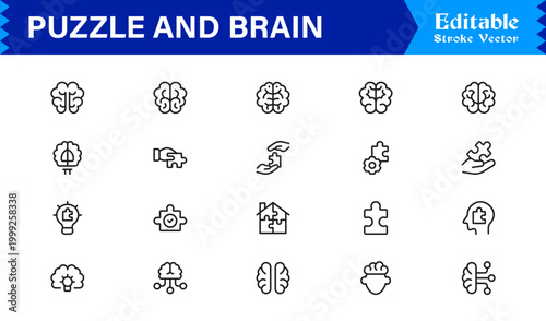Puzzle And Brain Concept Line Icon Set – Professional, Minimal, Editable Vector Collection for Smart, Logical, and Creative Thinking Designs