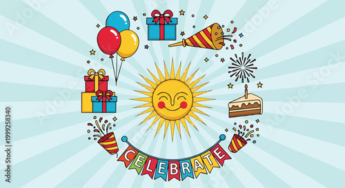 A colorful celebration scene with a smiling sun