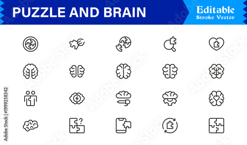 Puzzle And Brain Concept Line Icon Set – Professional, Minimal, Editable Vector Collection for Smart, Logical, and Creative Thinking Designs