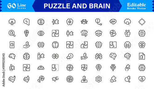 Puzzle And Brain Concept Line Icon Set – Professional, Minimal, Editable Vector Collection for Smart, Logical, and Creative Thinking Designs