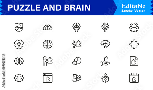Puzzle And Brain Concept Line Icon Set – Professional, Minimal, Editable Vector Collection for Smart, Logical, and Creative Thinking Designs