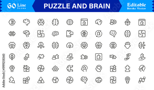 Puzzle And Brain Concept Line Icon Set – Professional, Minimal, Editable Vector Collection for Smart, Logical, and Creative Thinking Designs
