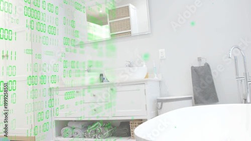 Bathtub and dual-sink vanity unveiling as green binary overlay drifting right to showcase interiors