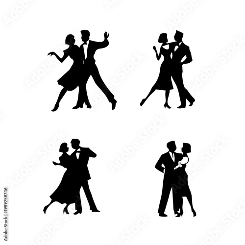 Ballroom Social Dance Silhouette Set, Elegant Couple Dance Poses Vector