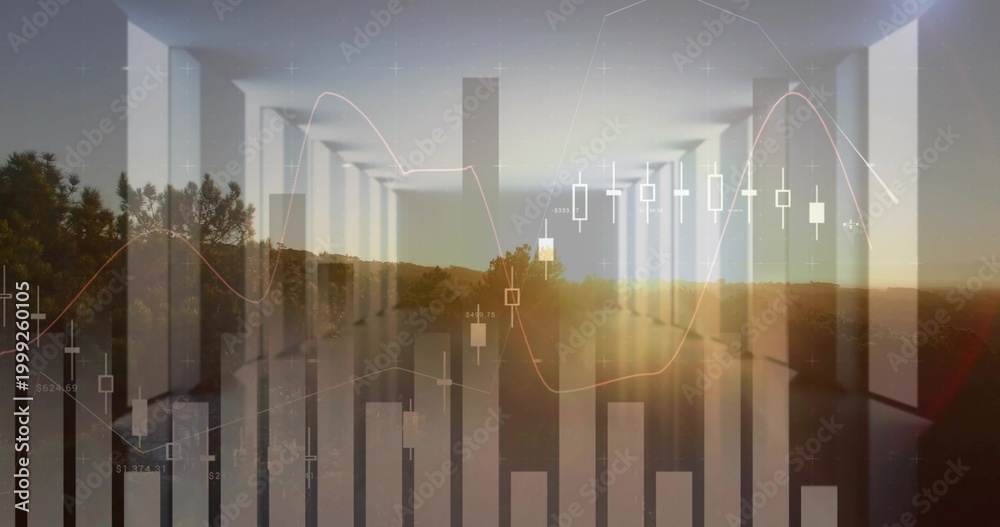 Fototapeta premium Merging transparent financial charts with column corridor at sunset, showing candlestick and trends