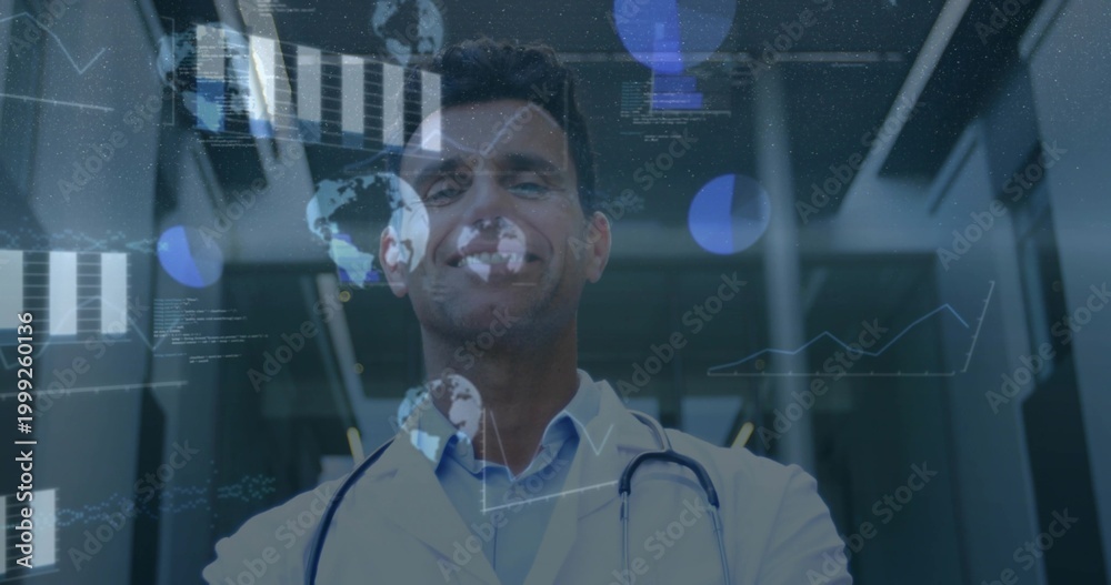 Fototapeta premium Standing physician viewing digital overlays in clinic corridor, wearing lab coat and stethoscope