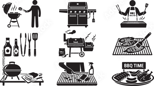 A collection of black and white barbecue featuring grills, cooking utensils, a chef, smoked meats, corn on the cob, condiments, and grilling tools for outdoor cooking and food preparation