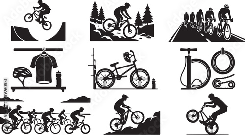 A collection of black and white cycling featuring mountain bikers, road cyclists, bmx riders, bicycle gear, helmets, jerseys, air pumps, and bike chains in a flat style