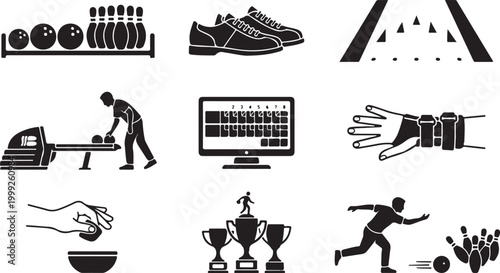 A collection of black and white depicting bowling equipment, players, scoring systems, wrist supports, trophies, and action shots of rolling a ball towards pins on a lane