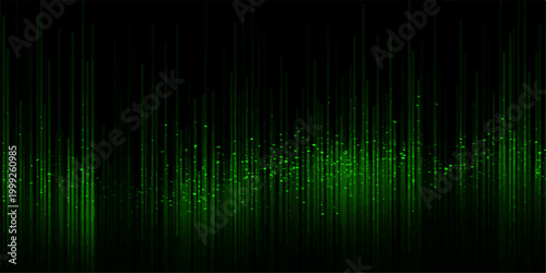Mysterious green light abstract composition of vertical lines against a dark background, evoking a sense of data visualization, technology and digital landscapes.