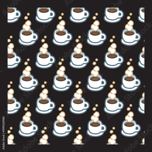 Cafe Drink Steaming White Cups Repeating Pattern. Ideal for coffee shop graphics, fabric prints, wrapping paper, menu design, stationery, kitchen decor, and beverage themed products.