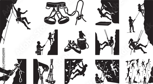 A collection of black and white rock climbing featuring silhouettes of climbers on cliffs, bouldering, rappelling, climbing shoes, chalk bags, harnesses, carabiners, and safety ropes